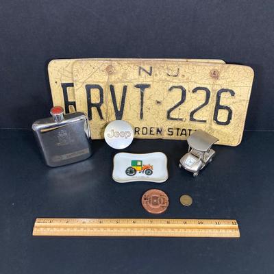 LOT 55: Vintage Collection - NJ License Plates, Limoges Dish, Jameson Flask, Golf Cart Desk Clock, Harley Owners Token and More