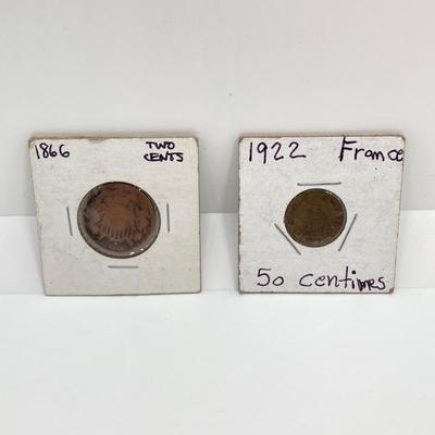 LOT 62: Vintage Coin / Token Collection - US Wheat Pennies, 1866 Two Cents, Foreign Coins, 1922 France Centimes and More