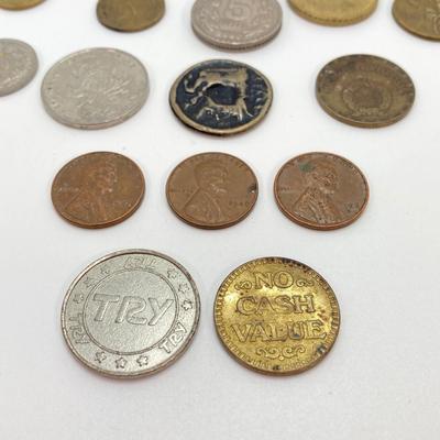 LOT 62: Vintage Coin / Token Collection - US Wheat Pennies, 1866 Two Cents, Foreign Coins, 1922 France Centimes and More