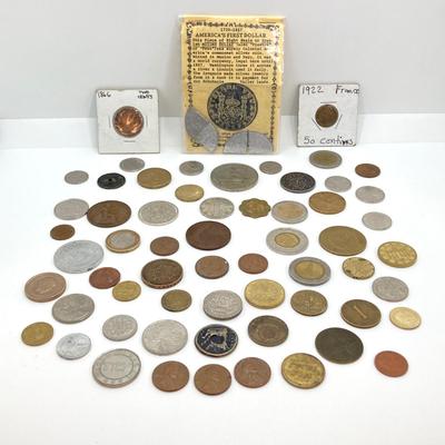 LOT 62: Vintage Coin / Token Collection - US Wheat Pennies, 1866 Two Cents, Foreign Coins, 1922 France Centimes and More