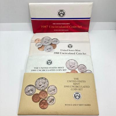 LOT 72: Four US Mint Uncirculated Coin Sets in Original Envelopes - 1987, 1988, 1989 and 1990