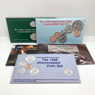 LOT 73: Five United States Mint Uncirculated Coin Sets in Original Envelopes - 1993, 1994, 1995, 1996 and 1998