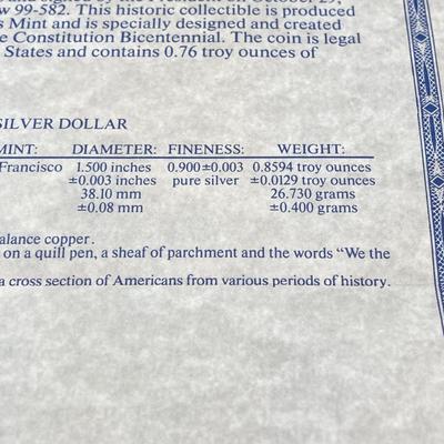 LOT 76: United States Mint - US Constitution Coin 1987 200th Anniversary - Silver Dollar / $1 Dollar Coin with Certificate of...