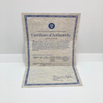 LOT 76: United States Mint - US Constitution Coin 1987 200th Anniversary - Silver Dollar / $1 Dollar Coin with Certificate of...