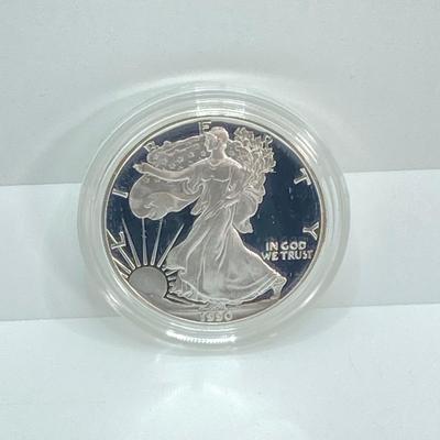LOT 77: 1990 Walking Liberty Silver American Eagle Proof One Dollar $1 Coin in Presentation Box - 1 Oz Fine Silver