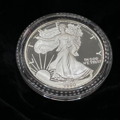 LOT 77: 1990 Walking Liberty Silver American Eagle Proof One Dollar $1 Coin in Presentation Box - 1 Oz Fine Silver