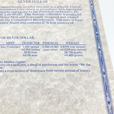 LOT 78: United States Mint - US Constitution Coin 1987 200th Anniversary - Silver Dollar / $1 Dollar Coin with Certificate of...