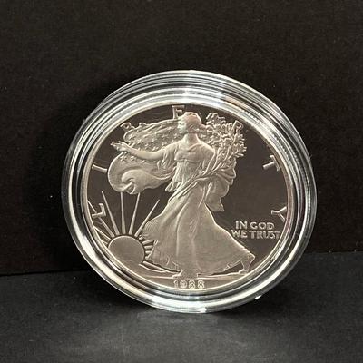 LOT 79: 1988 Walking Liberty American Eagle One Ounce Proof Silver Bullion Dollar $1 Coin in Presentation Box - 1 Oz Fine Silver