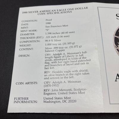LOT 79: 1988 Walking Liberty American Eagle One Ounce Proof Silver Bullion Dollar $1 Coin in Presentation Box - 1 Oz Fine Silver