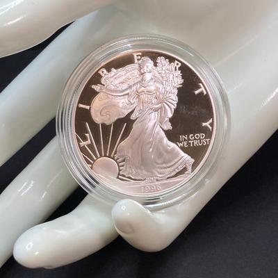 LOT 81: 1996 Walking Liberty Silver American Eagle One Dollar Proof Coin - One Ounce Fine Silver with Presentation Box and Certificate of...