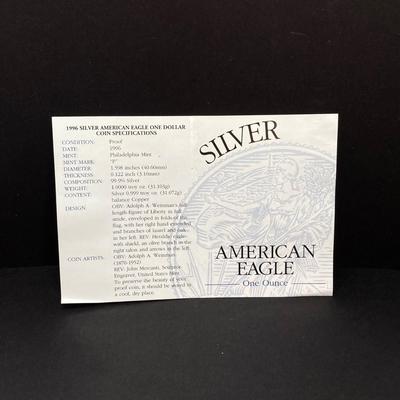 LOT 81: 1996 Walking Liberty Silver American Eagle One Dollar Proof Coin - One Ounce Fine Silver with Presentation Box and Certificate of...