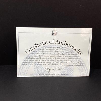 LOT 81: 1996 Walking Liberty Silver American Eagle One Dollar Proof Coin - One Ounce Fine Silver with Presentation Box and Certificate of...