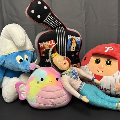 LOT 84: Plush Toy Collection: Vintage Hungarian Cloth Doll, Ty Philadelphia Phillies Pillow, Smurf, Squish Mallow & One Direction...