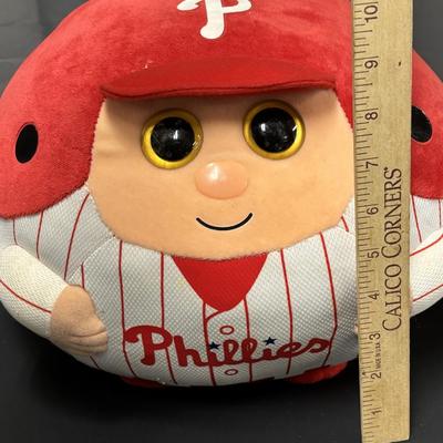 LOT 84: Plush Toy Collection: Vintage Hungarian Cloth Doll, Ty Philadelphia Phillies Pillow, Smurf, Squish Mallow & One Direction...