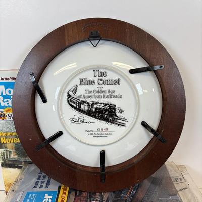 LOT 87: All Aboard! Vintage Hand-Painted Train Locomotive Bookends, Hamilton Collection Numbered Plate & Model Railroaded Magazines