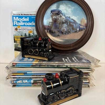 LOT 87: All Aboard! Vintage Hand-Painted Train Locomotive Bookends, Hamilton Collection Numbered Plate & Model Railroaded Magazines