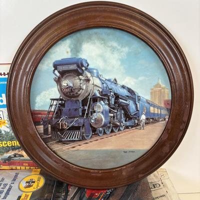 LOT 87: All Aboard! Vintage Hand-Painted Train Locomotive Bookends, Hamilton Collection Numbered Plate & Model Railroaded Magazines