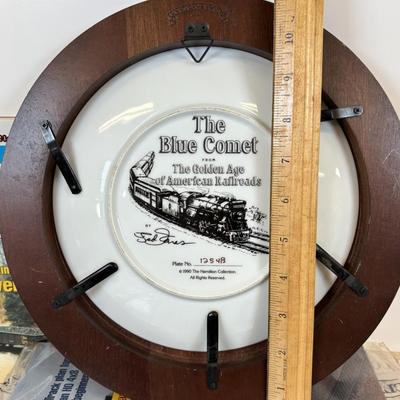 LOT 87: All Aboard! Vintage Hand-Painted Train Locomotive Bookends, Hamilton Collection Numbered Plate & Model Railroaded Magazines