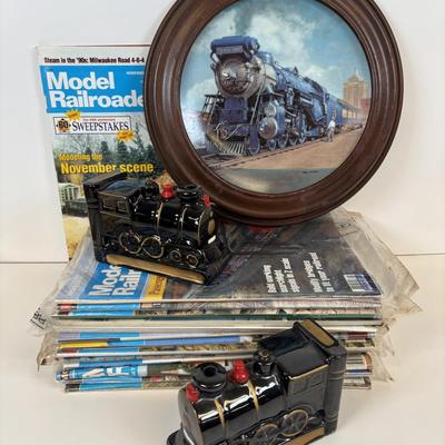 LOT 87: All Aboard! Vintage Hand-Painted Train Locomotive Bookends, Hamilton Collection Numbered Plate & Model Railroaded Magazines