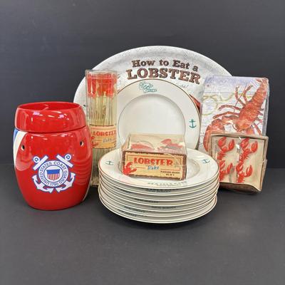 LOT 91: Vintage Trump Princess Sea Isle City, NJ Nautical Yacht Dessert Plates, Scentsy Coast Guard Warmer & Loster Feast Tableware