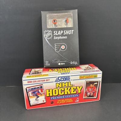 LOT 93: Unopened 1990 Score NHL Hockey Trading Cards & Philadelphia Flyers iHip Slap Shot Earphones
