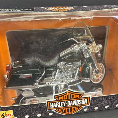 LOT 94: Harley Davidson Collection: Dept 56, Maisto FXSTSB Bad Boy & FLHR Road King Diecast Replicas, NIP Timer Cover & Ornaments