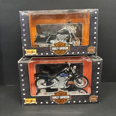 LOT 94: Harley Davidson Collection: Dept 56, Maisto FXSTSB Bad Boy & FLHR Road King Diecast Replicas, NIP Timer Cover & Ornaments