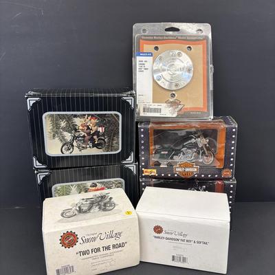 LOT 94: Harley Davidson Collection: Dept 56, Maisto FXSTSB Bad Boy & FLHR Road King Diecast Replicas, NIP Timer Cover & Ornaments