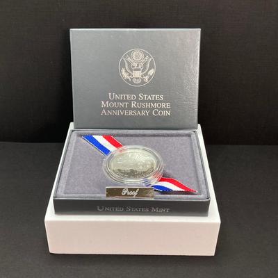 LOT 100: 1991 United States Mount Rushmore Anniversary Half Dollar Proof Coin with Presentation Box and Certificate of Authenticity