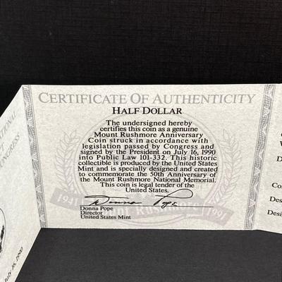 LOT 100: 1991 United States Mount Rushmore Anniversary Half Dollar Proof Coin with Presentation Box and Certificate of Authenticity