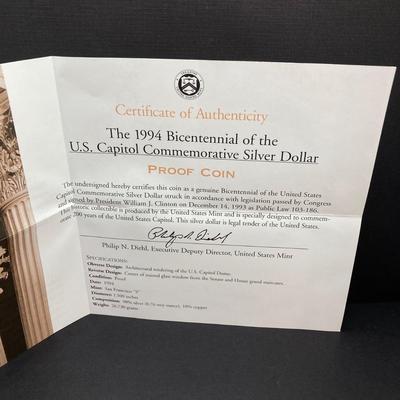 LOT 102: 1994 Bicentennial of the U.S. Capitol Commemorative Silver Dollar Proof Coin in Presentation Box and Certificate of Authenticity