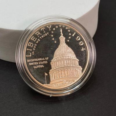 LOT 102: 1994 Bicentennial of the U.S. Capitol Commemorative Silver Dollar Proof Coin in Presentation Box and Certificate of Authenticity