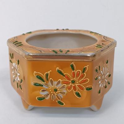 LOT 115: Brass Wall Sconce with Handpainted Shade, Orange Porcelain Swan Planter, Enameled Incense Burner & Miniature Vases