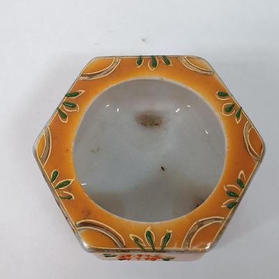 LOT 115: Brass Wall Sconce with Handpainted Shade, Orange Porcelain Swan Planter, Enameled Incense Burner & Miniature Vases