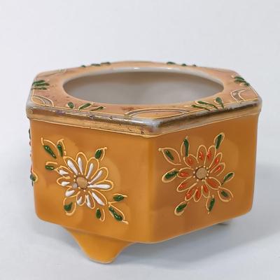 LOT 115: Brass Wall Sconce with Handpainted Shade, Orange Porcelain Swan Planter, Enameled Incense Burner & Miniature Vases