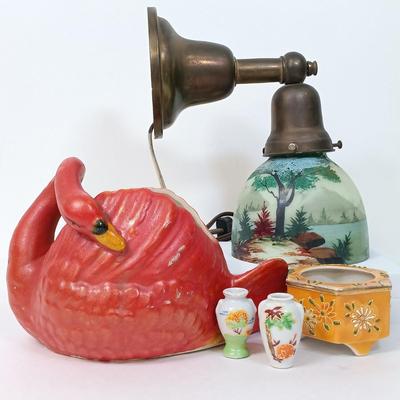 LOT 115: Brass Wall Sconce with Handpainted Shade, Orange Porcelain Swan Planter, Enameled Incense Burner & Miniature Vases