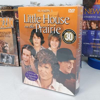 LOT 116: Media Collection- NIP Curb Your Enthusiasm Seasons 1-3, NIP Little House on the Prairie Season 5, Vintage Horror DVDs & More