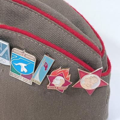 LOT 117: Soviet Russia Military Cap, Tambour Roll Top Cigarette Box, Brass Near Middle East Map Cup & More