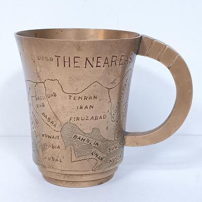 LOT 117: Soviet Russia Military Cap, Tambour Roll Top Cigarette Box, Brass Near Middle East Map Cup & More