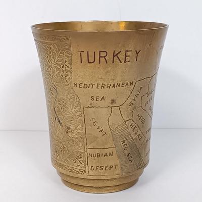 LOT 117: Soviet Russia Military Cap, Tambour Roll Top Cigarette Box, Brass Near Middle East Map Cup & More