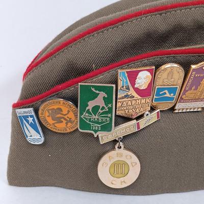 LOT 117: Soviet Russia Military Cap, Tambour Roll Top Cigarette Box, Brass Near Middle East Map Cup & More