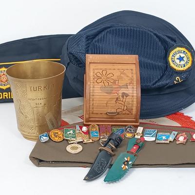 LOT 117: Soviet Russia Military Cap, Tambour Roll Top Cigarette Box, Brass Near Middle East Map Cup & More