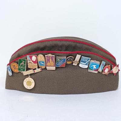 LOT 117: Soviet Russia Military Cap, Tambour Roll Top Cigarette Box, Brass Near Middle East Map Cup & More