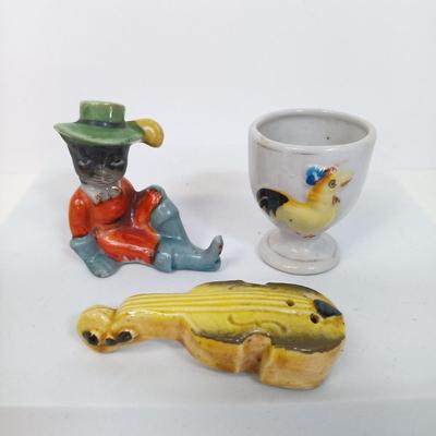 LOT 123: Vintage Japan Porcelain - Cuckoo Clock Wall Pocket, Puss in Boots, Clown Toothpick Holder & More