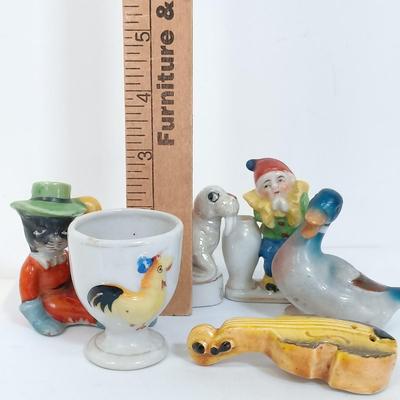 LOT 123: Vintage Japan Porcelain - Cuckoo Clock Wall Pocket, Puss in Boots, Clown Toothpick Holder & More