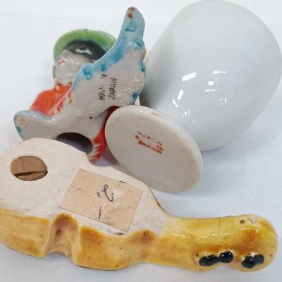 LOT 123: Vintage Japan Porcelain - Cuckoo Clock Wall Pocket, Puss in Boots, Clown Toothpick Holder & More