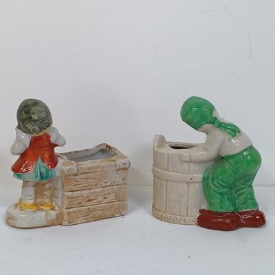 LOT 123: Vintage Japan Porcelain - Cuckoo Clock Wall Pocket, Puss in Boots, Clown Toothpick Holder & More