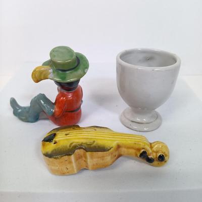 LOT 123: Vintage Japan Porcelain - Cuckoo Clock Wall Pocket, Puss in Boots, Clown Toothpick Holder & More