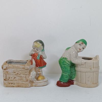 LOT 123: Vintage Japan Porcelain - Cuckoo Clock Wall Pocket, Puss in Boots, Clown Toothpick Holder & More