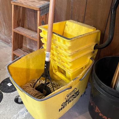 Step ladder, mop, brooms, and more
